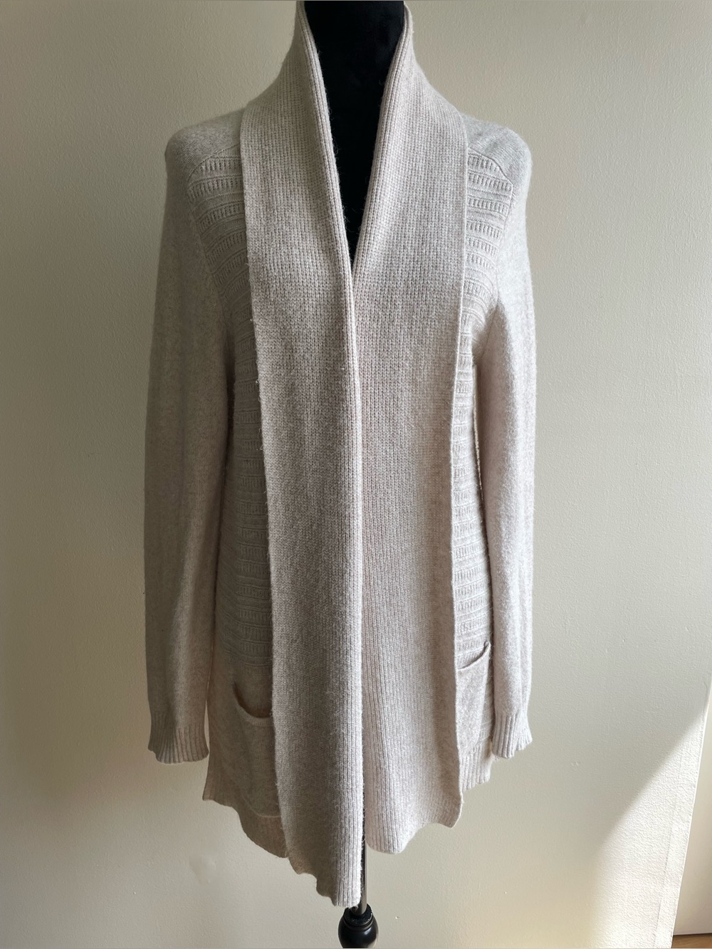 Olsen Henny Beige Open Front Long Knit Cardigan Shawl Collar Pockets M